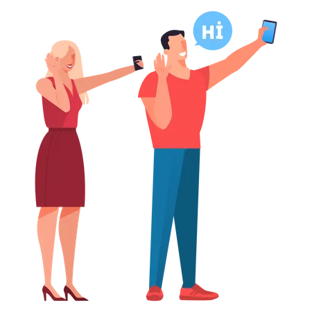 Man and woman video calling on mobile Illustration