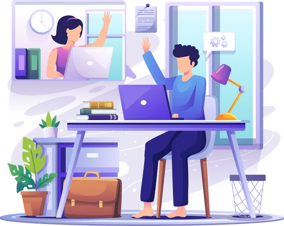 Man and woman video conferencing from home Illustration