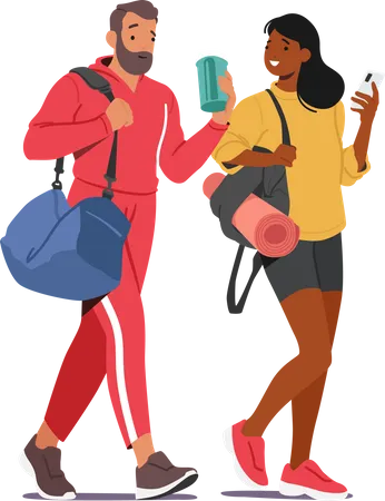 Man And A Woman Visit A Gym To Work Out Engage In Fitness Activities And Enhance Their Overall Well Being Male And Female Characters Walking With Sports Stuff Cartoon People Vector Illustration Illustration