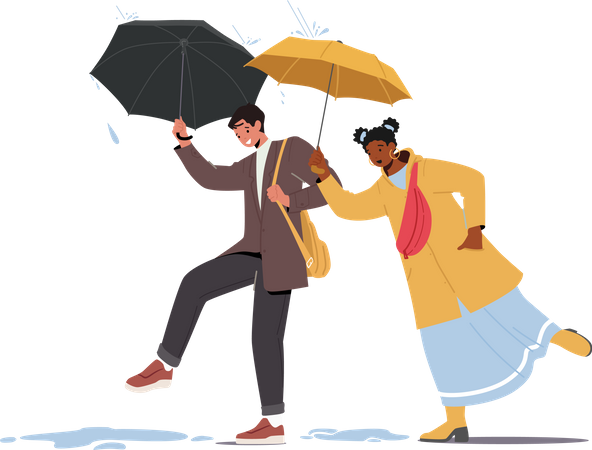 Man and woman walking in rainy weather holding umbrella  Illustration