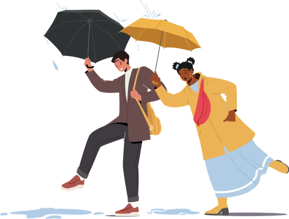 Man and woman walking in rainy weather holding umbrella  Illustration