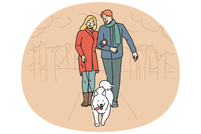 Man and woman walking their dog together in park enjoying walk on autumn evening  Illustration