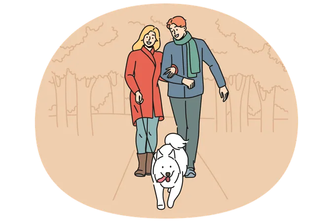 Man and woman walking their dog together in park enjoying walk on autumn evening  Illustration