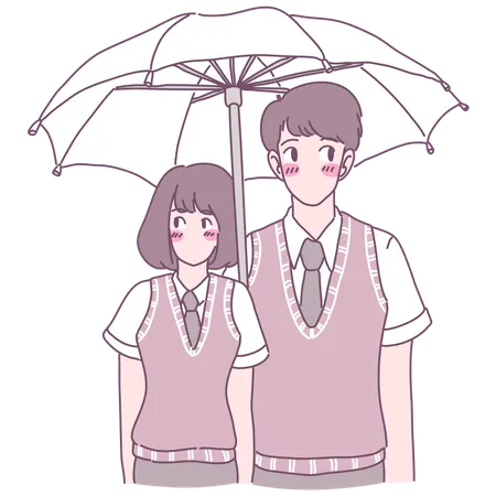 Young Men And Women Standing In School Uniforms And Spreading Umbrellas Illustration