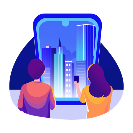 Man and woman watching vr city  Illustration