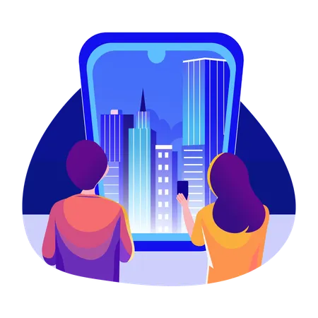 Man and woman watching vr city  Illustration