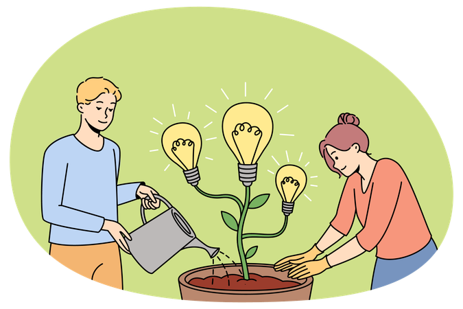 Man and woman watering plant in pot with lightbulb developing creative ideas  Illustration