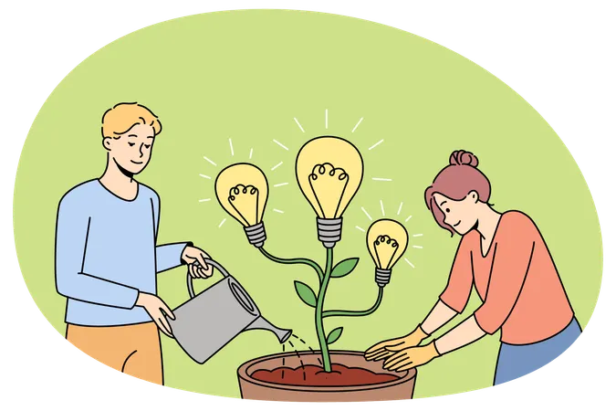 Man and woman watering plant in pot with lightbulb developing creative ideas  Illustration