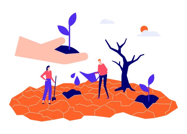 Drought And Crop Failure Modern Colorful Flat Design Style Illustration On White Background A Scene With Cracked Soil With Plant Sprouts Being Watered By Man And Woman Desertification Idea Illustration
