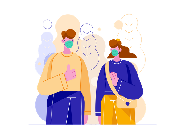 Man and woman wearing mask going to park Illustration