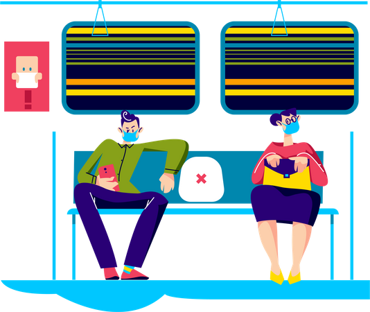 Man and woman wearing mask in public transport for covid-19 prevention Illustration