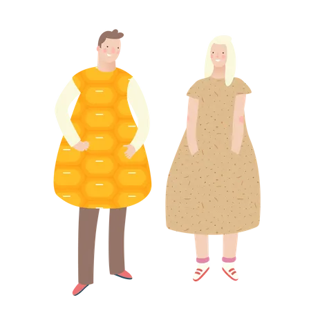 Man and woman wearing trendy fruit dress  Illustration