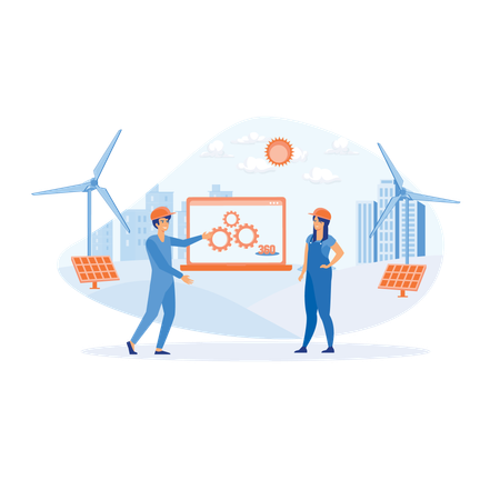 Man and woman wearing virtual reality headsets engineering with augmented reality  Illustration
