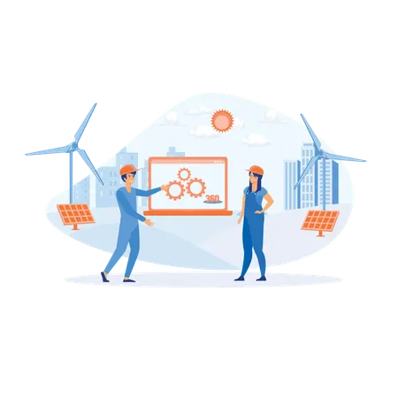 Man and woman wearing virtual reality headsets engineering with augmented reality  Illustration