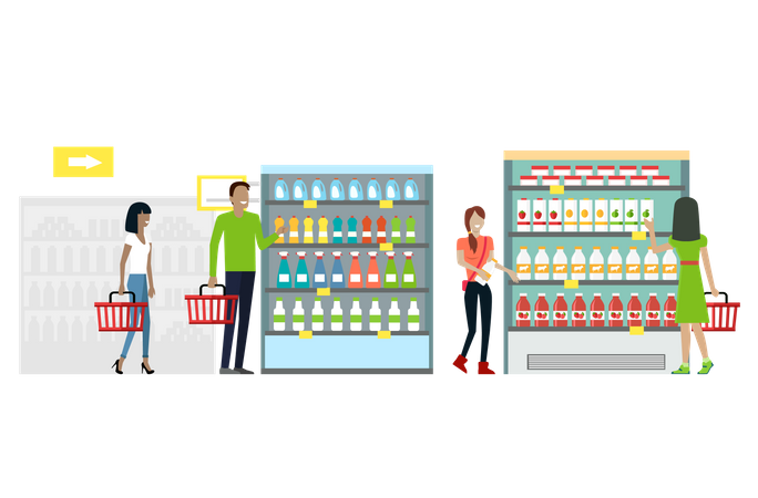 Man and woman with baskets in hands choose products from store shelves  Illustration