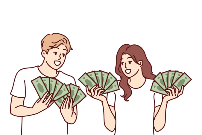Man and woman with cash in hands brag about money earned from business  Illustration