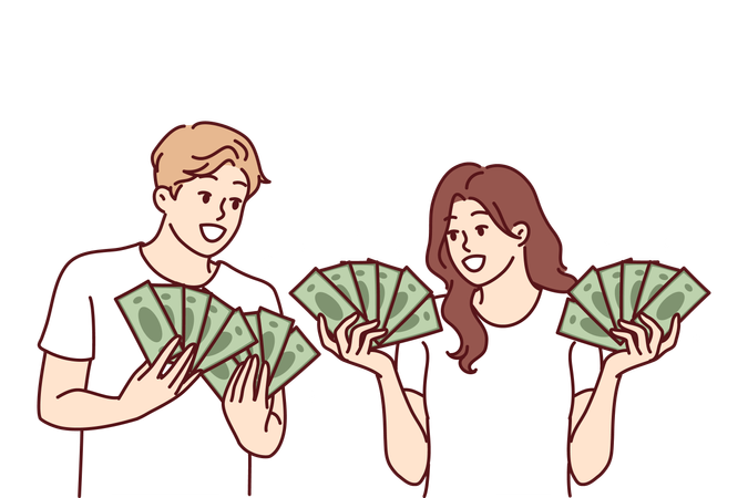 Man and woman with cash in hands brag about money earned from business  Illustration