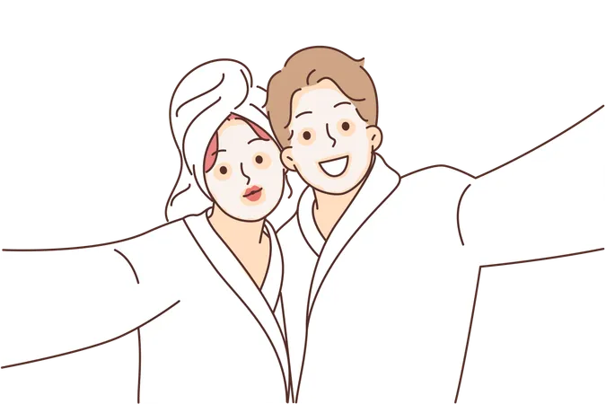 Man And Woman With Cosmetic Masks On Faces Dressed In Bathrobes To Perform SPA Treatments Selfie Of Happy Couple Using Anti Aging Clay Cosmetic Masks And Therapeutic Mud For Skin Tightening 일러스트레이션