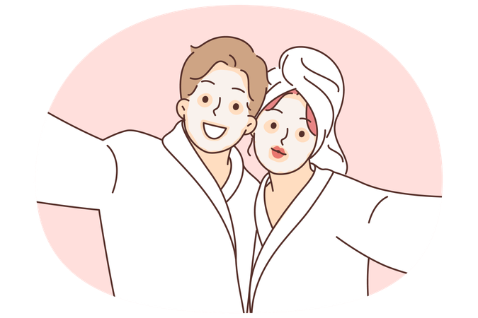 Man and woman with cosmetic masks on faces dressed in bathrobes to perform SPA treatments  Illustration