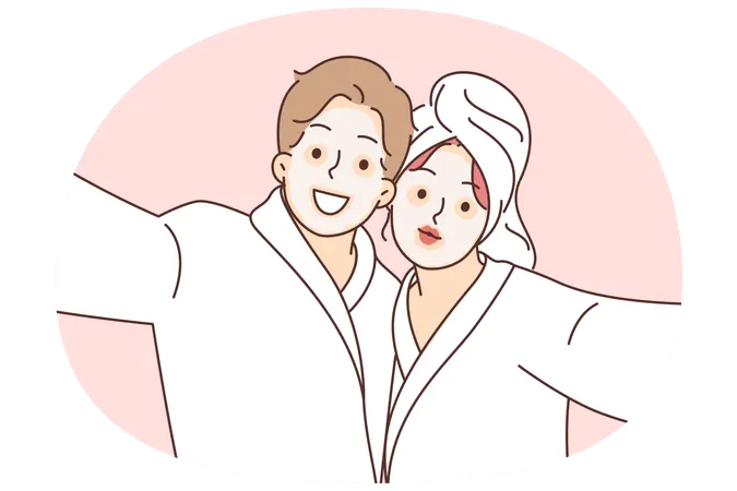 Man and woman with cosmetic masks on faces dressed in bathrobes to perform SPA treatments  Illustration