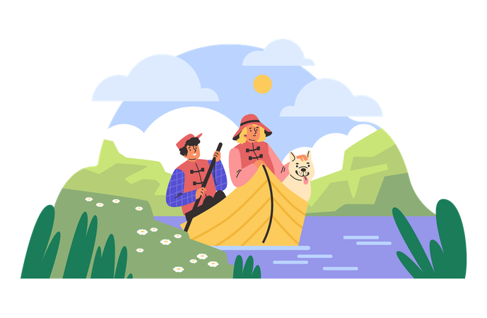 Man and woman with dog enjoying boat  Illustration