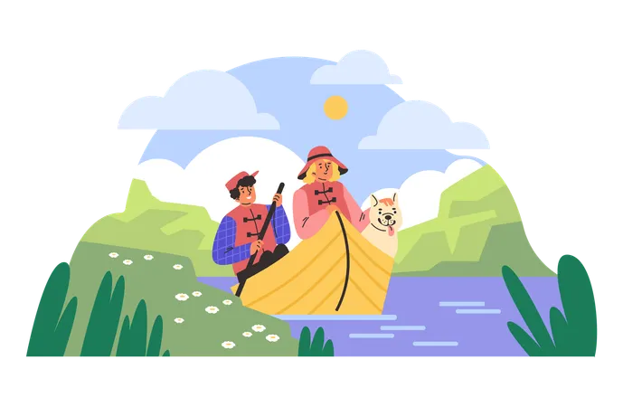 Man and woman with dog enjoying boat  Illustration