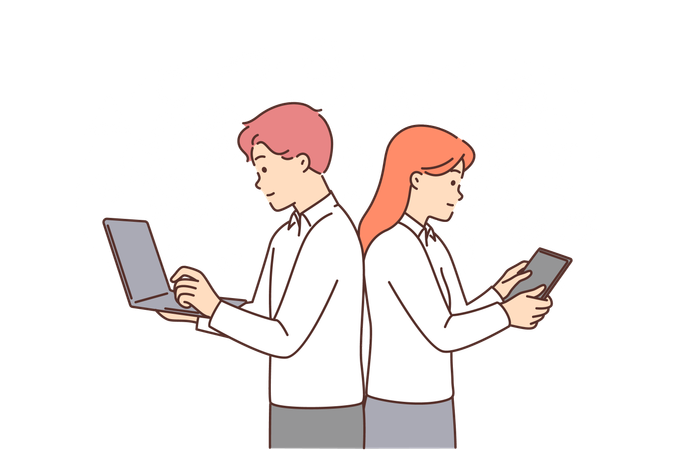 Man and woman with gadgets are doing business brainstorming standing among gears  Illustration