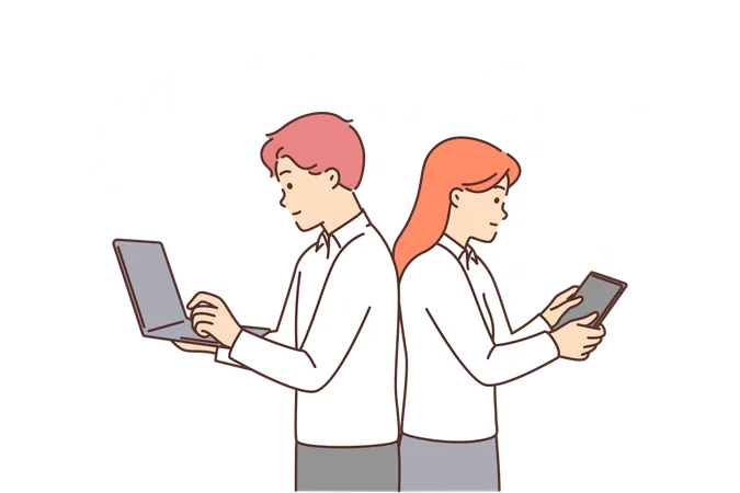 Man and woman with gadgets are doing business brainstorming standing among gears  Illustration