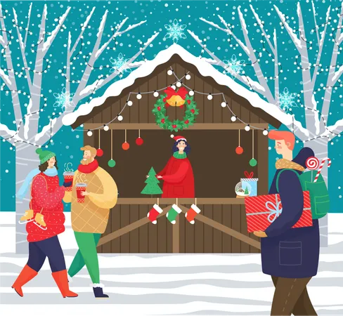 Christmas Market Decorated By Garland And Snowflakes Man And Woman With Gift Box Walking On Winter Holiday People In Warm Clothes Going Near Snowy Fir Trees Retail Of Xmas Presents Outdoor Vector Illustration