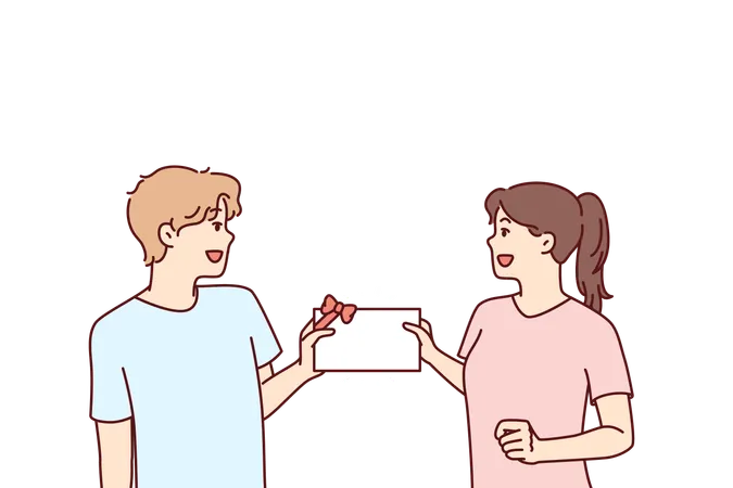 Man And Woman With Gift Certificate In Hands Rejoice At Receiving Invitation Card For Advertising Promotion Happy Couple Holding Certificate With Gift Bow Or Discount Coupon For Bargain Shopping イラスト