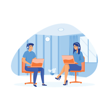 Man and woman with laptop communicates with client  Illustration