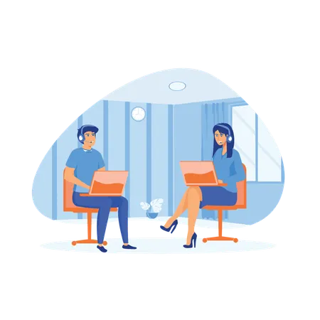 Man and woman with laptop communicates with client  Illustration