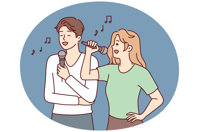 Man and woman with microphones perform song while enjoying karaoke break on day off  Illustration