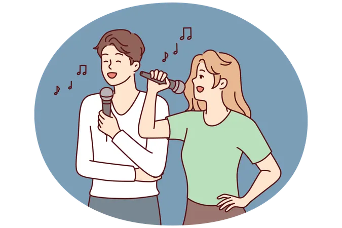 Man and woman with microphones perform song while enjoying karaoke break on day off  Illustration