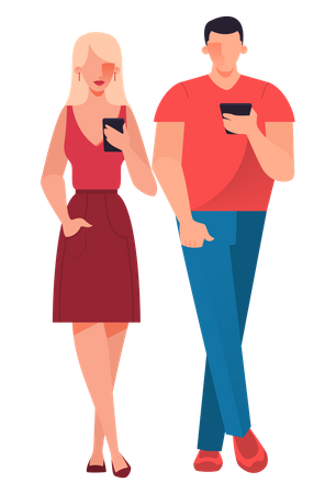 Man and woman with mobile Illustration