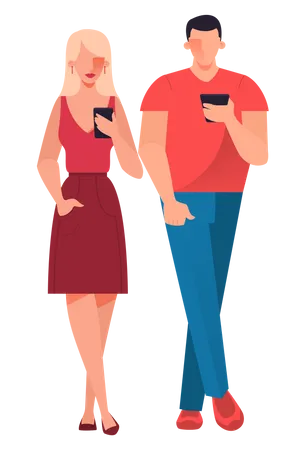 Man and woman with mobile Illustration