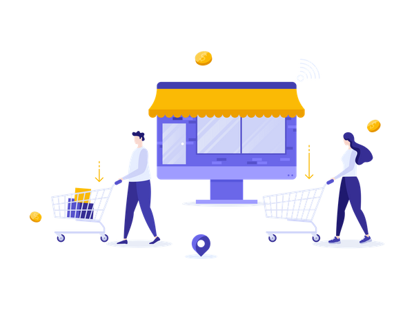 Man and woman with shopping carts Illustration