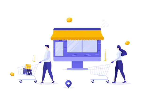 Man and woman with shopping carts Illustration