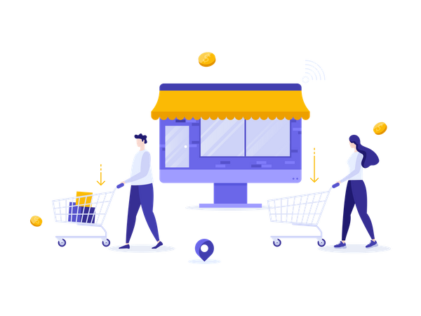 Man and woman with shopping carts  Illustration