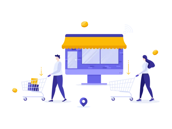 Man and woman with shopping carts  Illustration