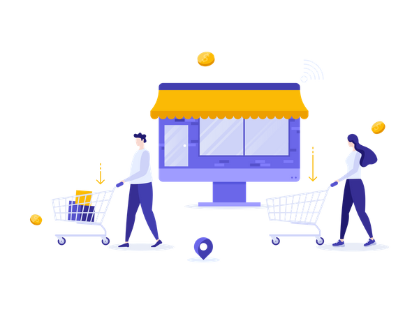 Man and woman with shopping carts  Illustration