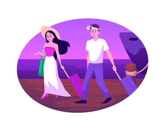 Man and woman with suitcases landed from cruise liner or yacht  Illustration