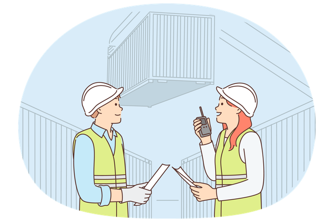 Man and woman work in container port and use walkie-talkie to negotiate with logisticians  Illustration