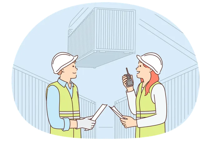 Man and woman work in container port and use walkie-talkie to negotiate with logisticians  Illustration