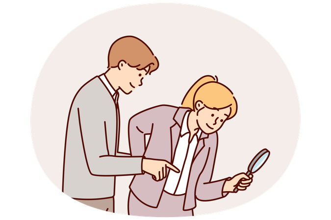 Man and woman working as detectives use magnifying glass during investigation to find evidence  Illustration