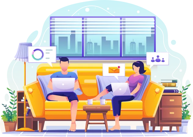 Man and woman working from home Illustration