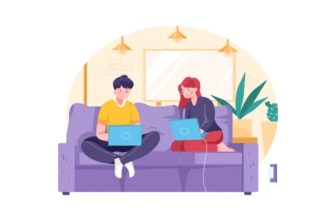 Man and woman working from home  Illustration