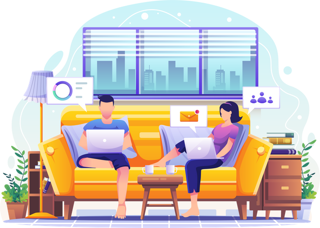 Man and woman working from home  Illustration