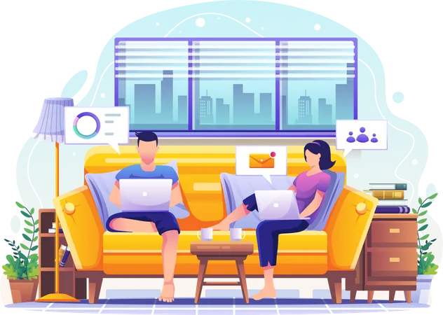 Man and woman working from home  Illustration