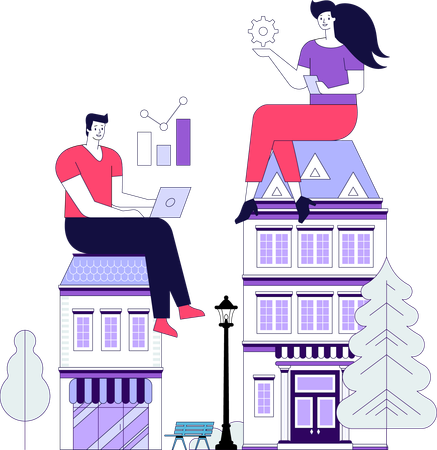 Man and woman working from home in quarantine time  Illustration
